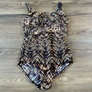 Lands End High Neck One Piece Swimsuit 12 Built In Bra Brown Animal Print Modest